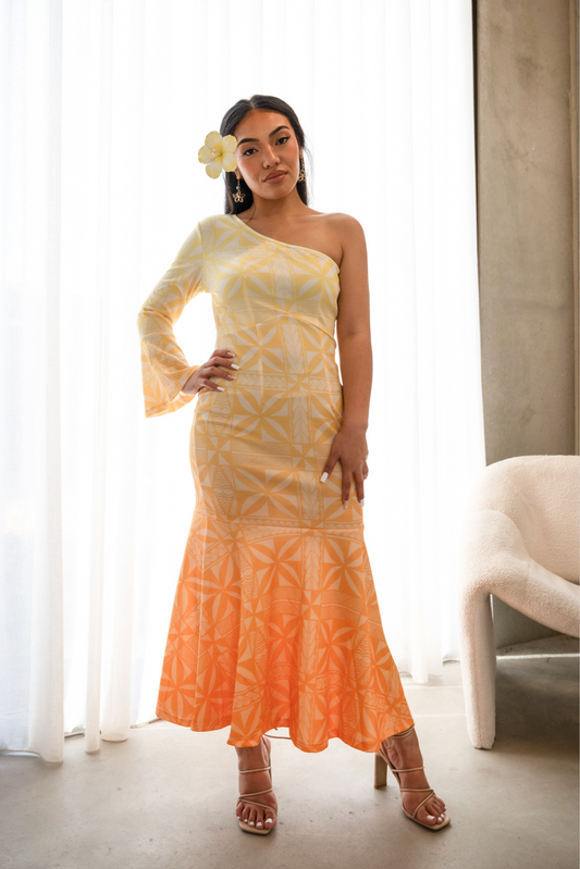 (PRE-ORDER) HEREANI DRESS - ONE SLEEVE MAXI DRESS - OMBRÉ YELLOW