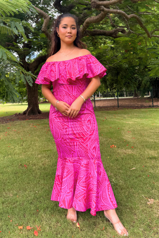 LEIA DRESS - OFF SHOULDER FRILL MAXI DRESS - HOT PINK