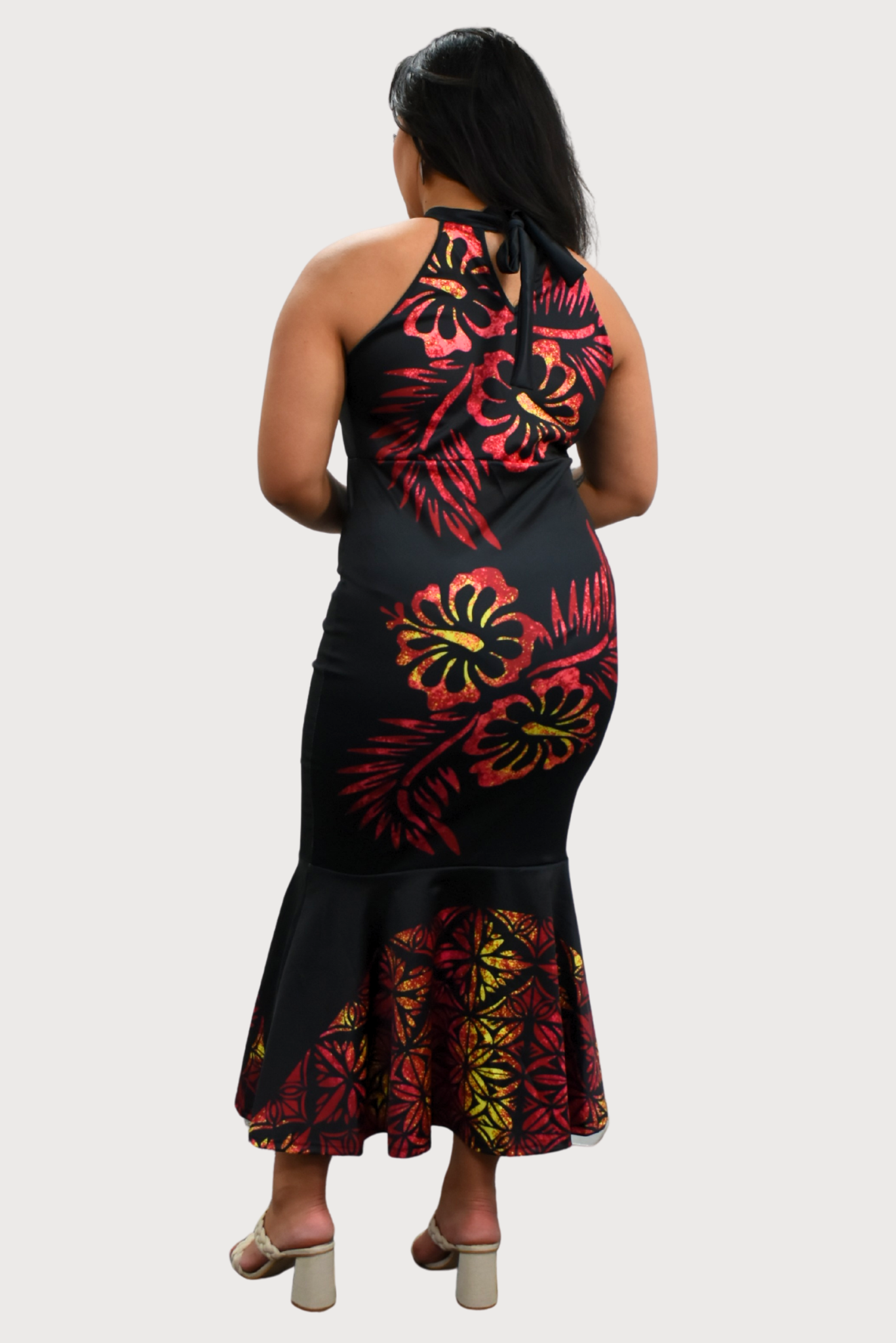 BLACK & RED FLORAL - HALTER FLARE MAXI LENGTH