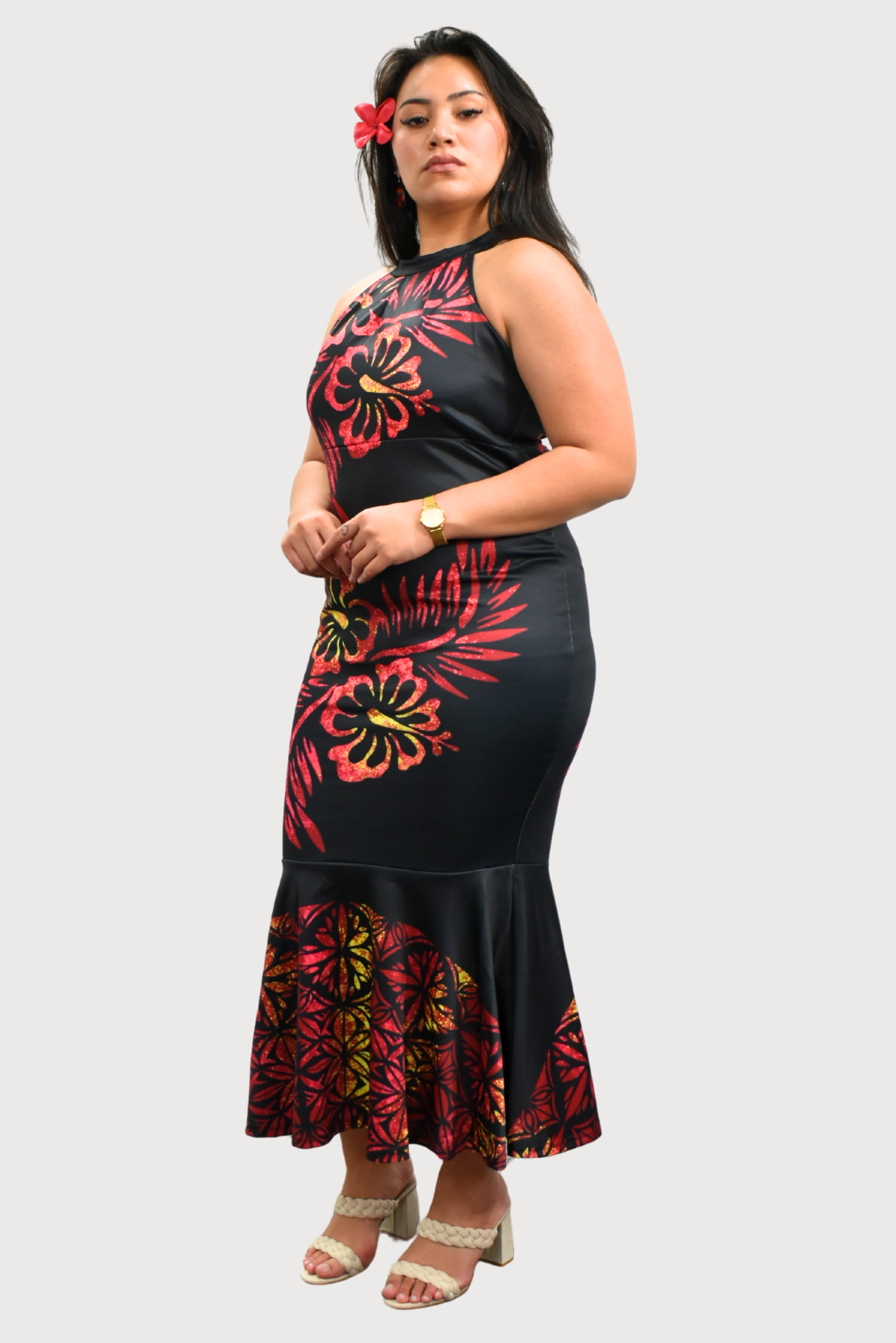 BLACK & RED FLORAL - HALTER FLARE MAXI LENGTH
