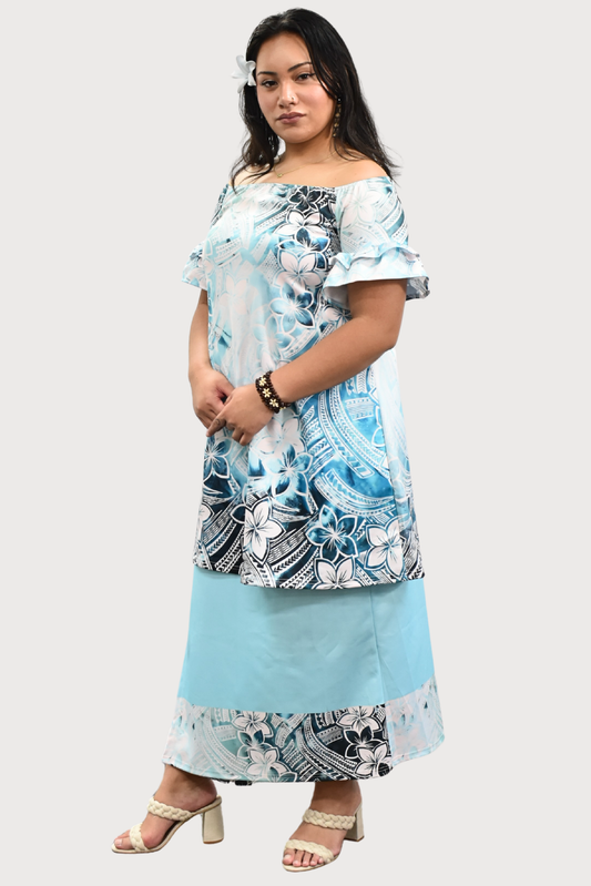 PULETASI - FLOWY FRILL SLEEVE TOP PULETASI - LIGHT BLUE & WHITE