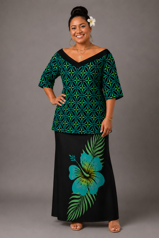 (PRE-ORDER) V-NECK PULETASI - GREEN & BLACK FLORAL