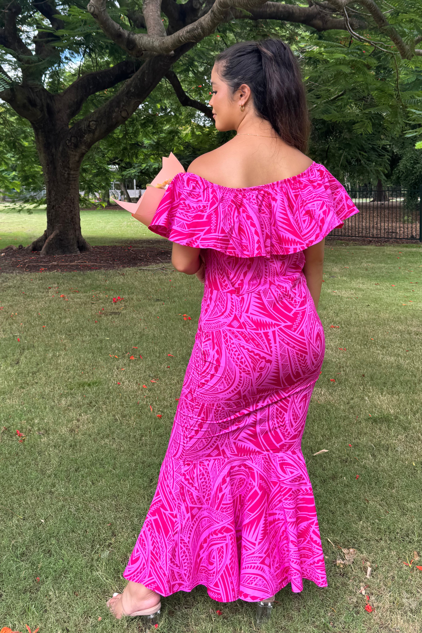 LEIA DRESS - OFF SHOULDER FRILL MAXI DRESS - HOT PINK