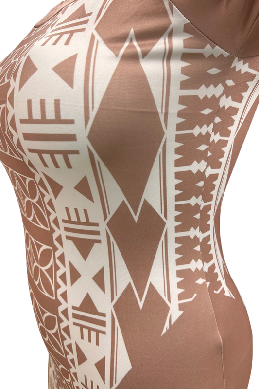 ROUND NECK MIDI DRESS - BROWN AND WHITE