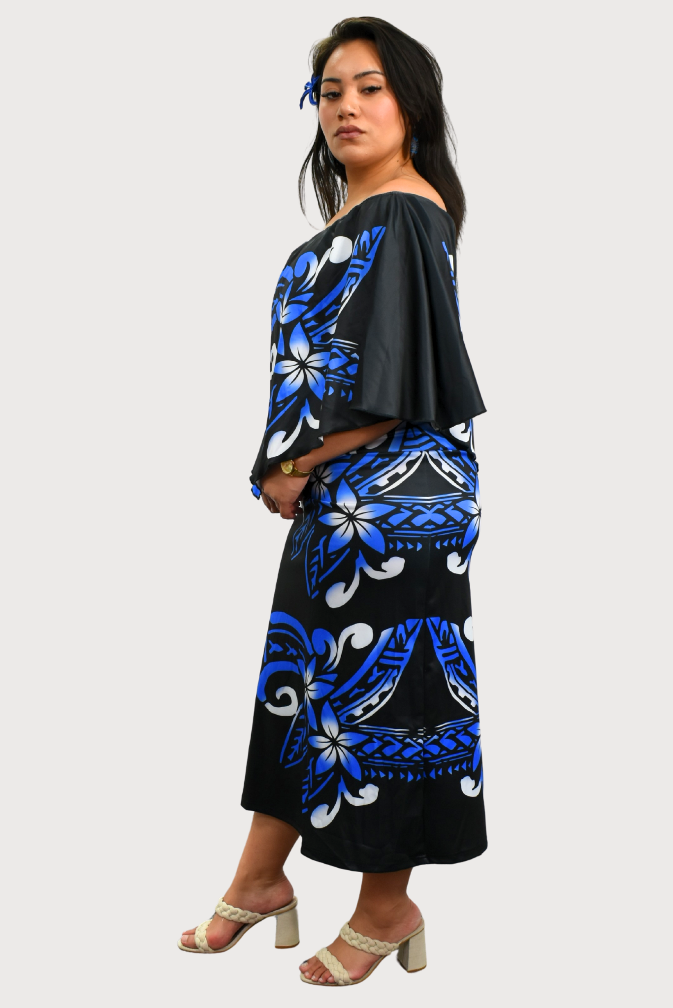 BLACK & BLUE FLORAL - CAPE MIDI DRESS