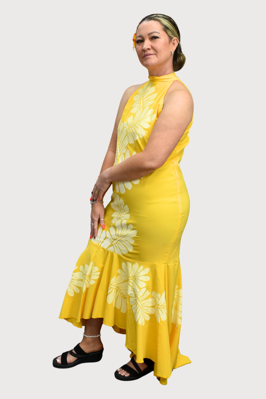 YELLOW FLORAL HALTERNECK DRESS