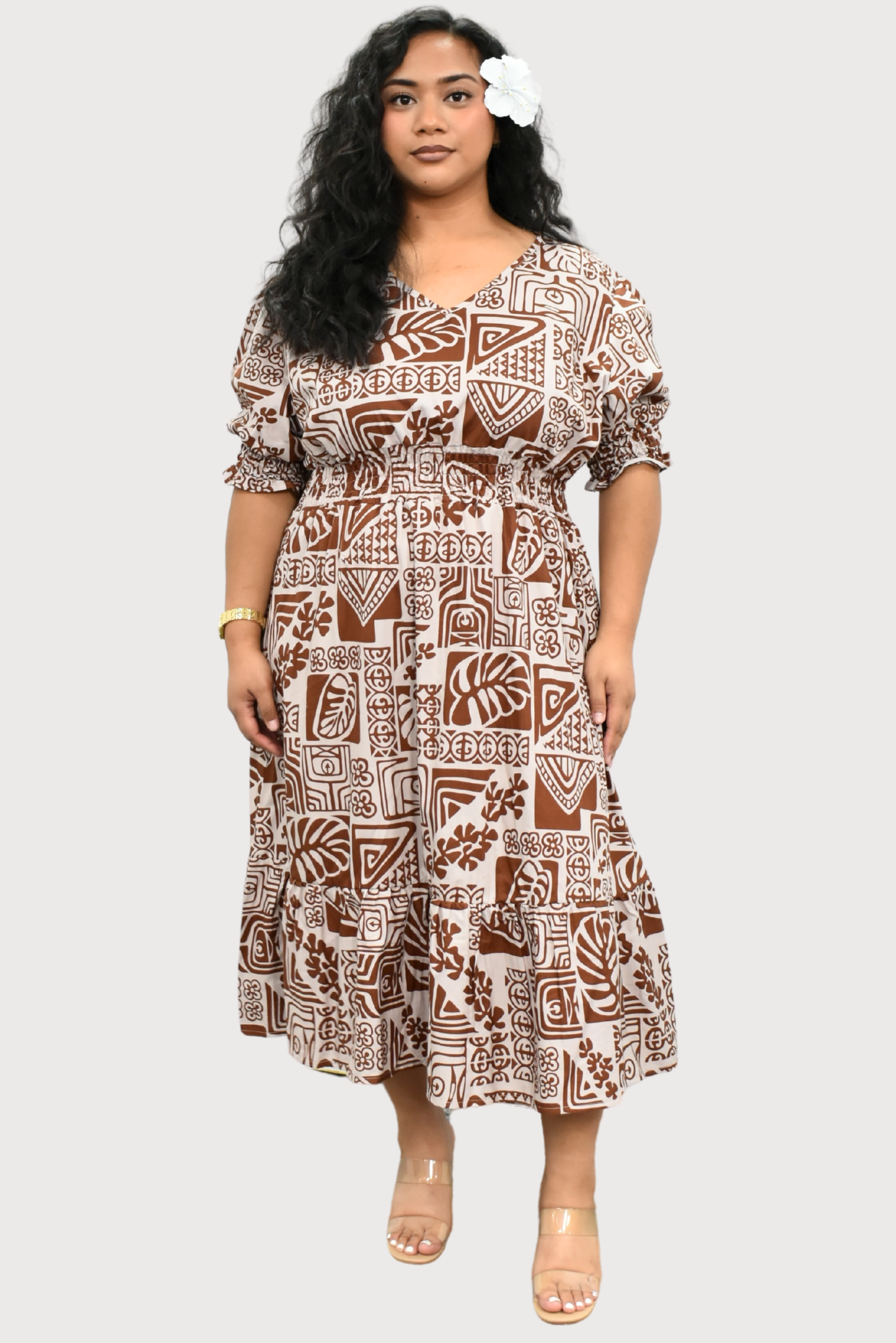 ANNA DRESS - ELASTIC WAIST A-LINE DRESS - BROWN & TAN