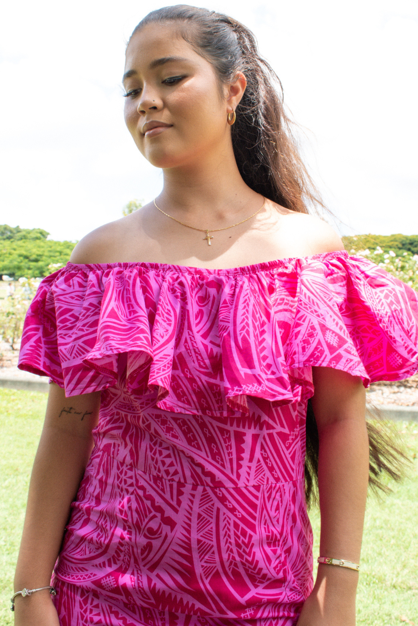 LEIA DRESS - OFF SHOULDER FRILL MAXI DRESS - HOT PINK