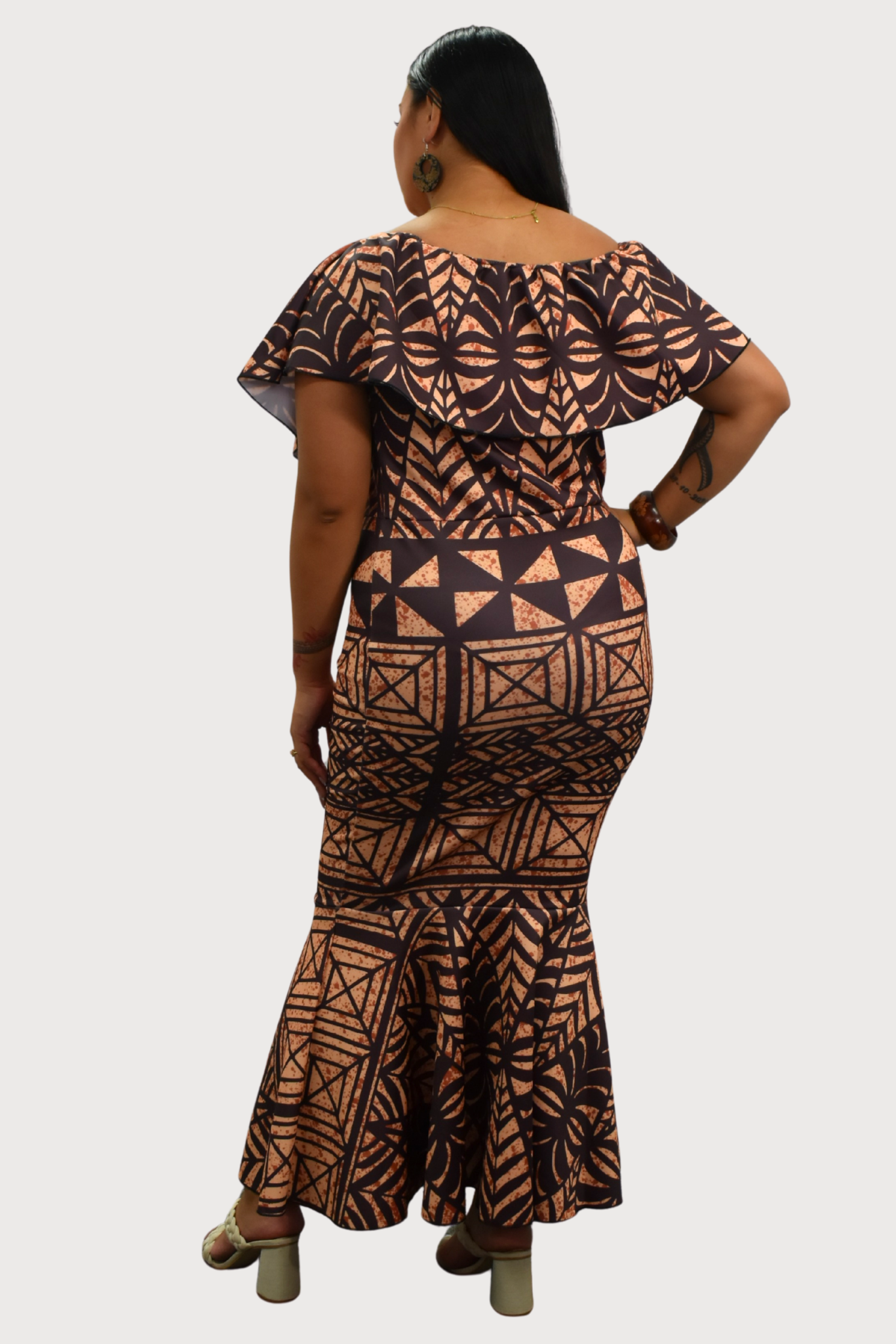 DRESS - OFF SHOULDER FRILL MAXI - BROWN