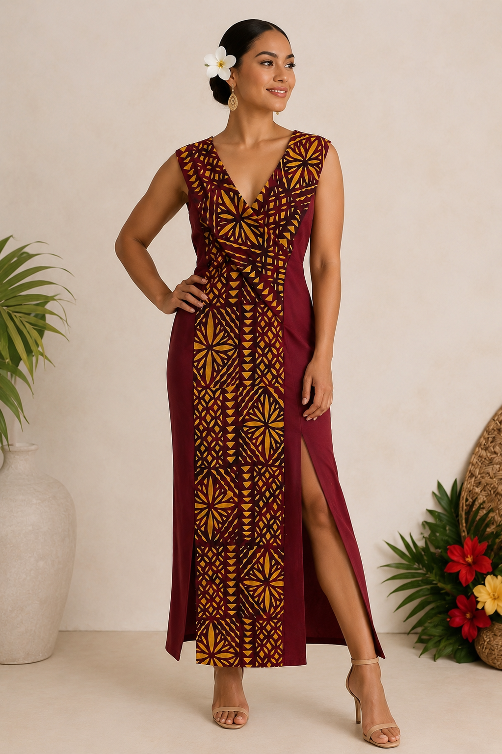 MAROON & YELLOW TRIBAL DESIGN DRESS NO SLEEVES