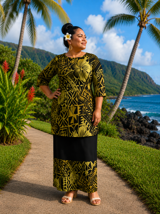 PULETASI - ROUND NECK PULETASI - TWO PIECE OUTFIT - BLACK & GOLD