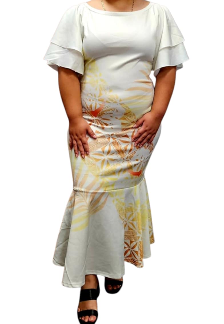 Teina Dress - White & Gold Mermaid Dress with Double Layered Sleeves
