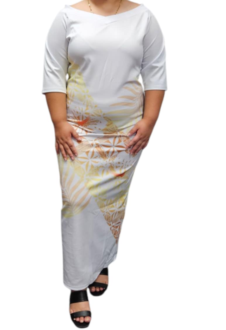 Teina Dress - White & Gold V-Neck Maxi Dress