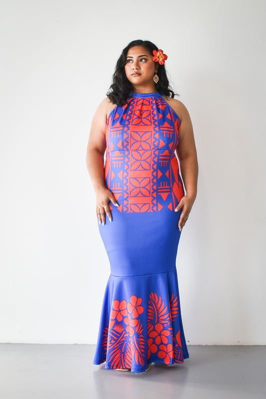 MALIA DRESS - HALTER MAXI DRESS - RED & BLUE