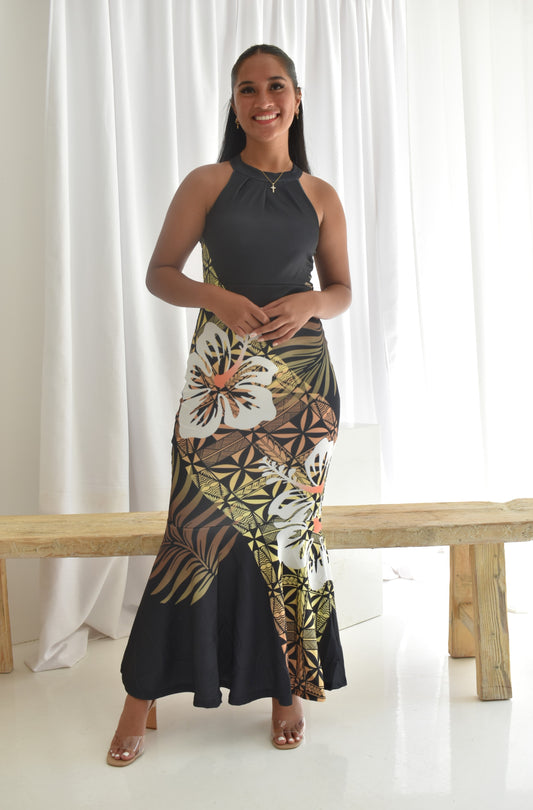 (PRE-ORDER) TANIA DRESS - HALTER MAXI DRESS - BLACK & GOLD
