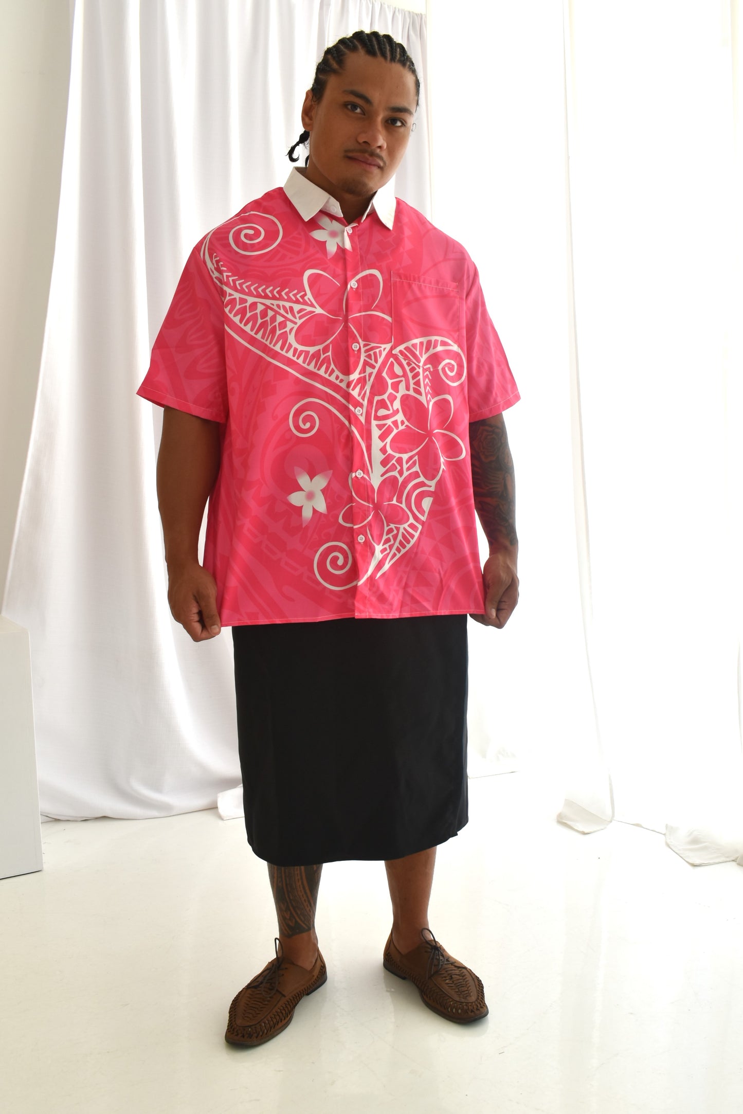 SAMUEL MENS SHIRT - COLLARED BUTTON UP - PINK & WHITE