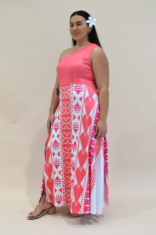 KANANI DRESS - ONE SHOULDER MAXI DRESS - HOT PINK MELANESIAN PATTERN
