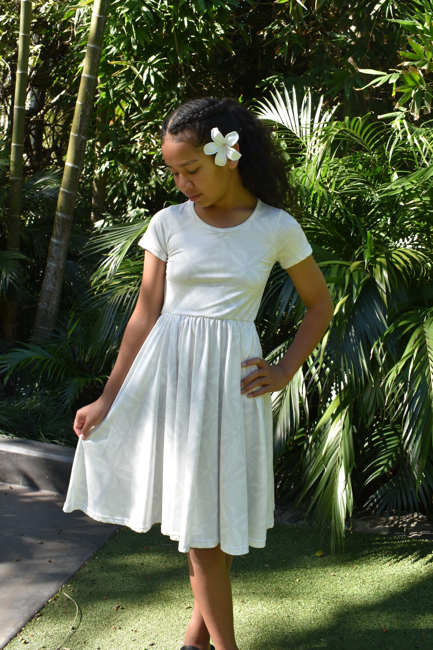 LILO GIRLS DRESS - MIDI FLOWY DRESS W/POCKETS - WHITE 1