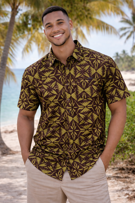 SHIRT - COLLARED BUTTON UP - OLIVE & BROWN