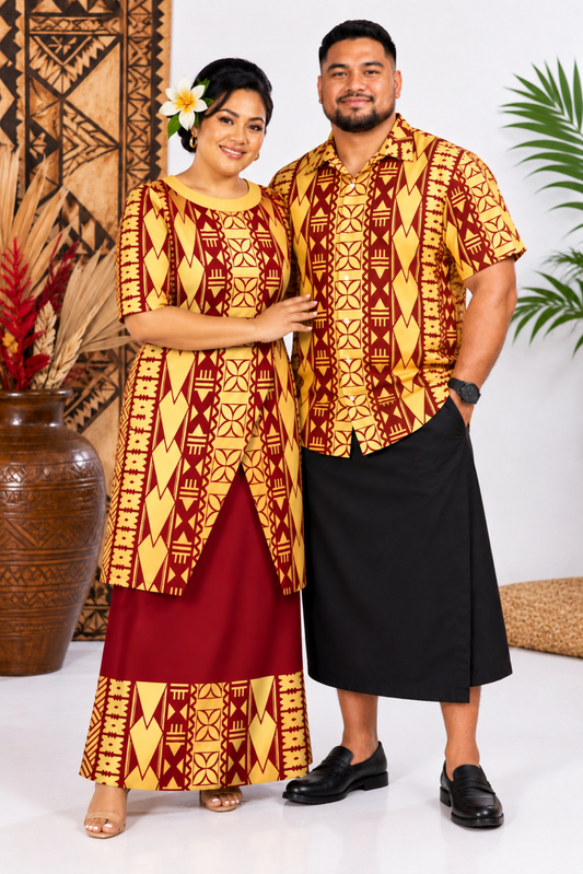 (PRE-ORDER) ROUND NECK LAYERED PULETASI - TWO PIECE OUTFIT - GOLD & MAROON