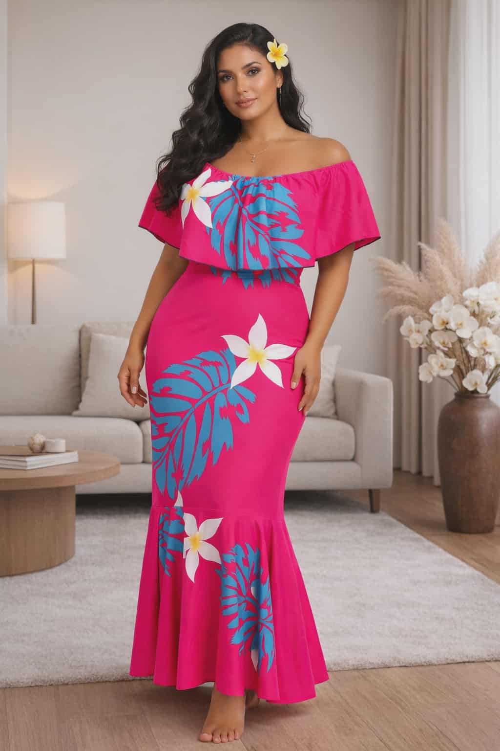 REINA DRESS - OFF SHOULDER FRILL MAXI - PINK FLORAL