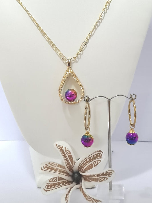 TARZEL TEARDROP #2 - Rainbow Teardrop Island Inspired Engraved Pearl Set