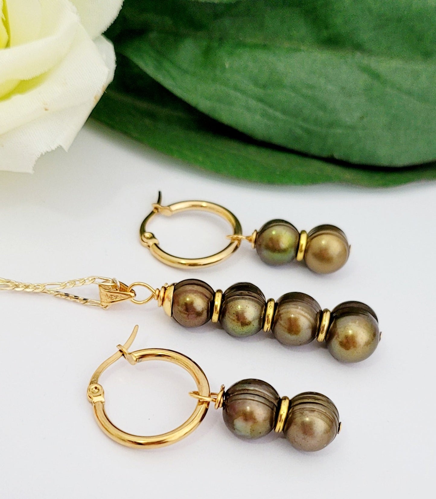 10-12mm Natural Premium Green Bronze Pearl's Set with 14k Solid Gold filled Chain