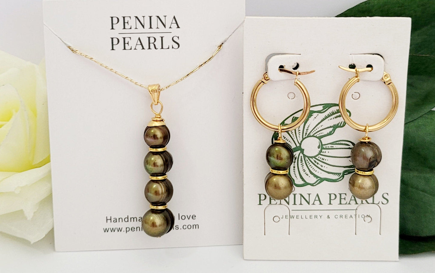 10-12mm Natural Premium Green Bronze Pearl's Set with 14k Solid Gold filled Chain