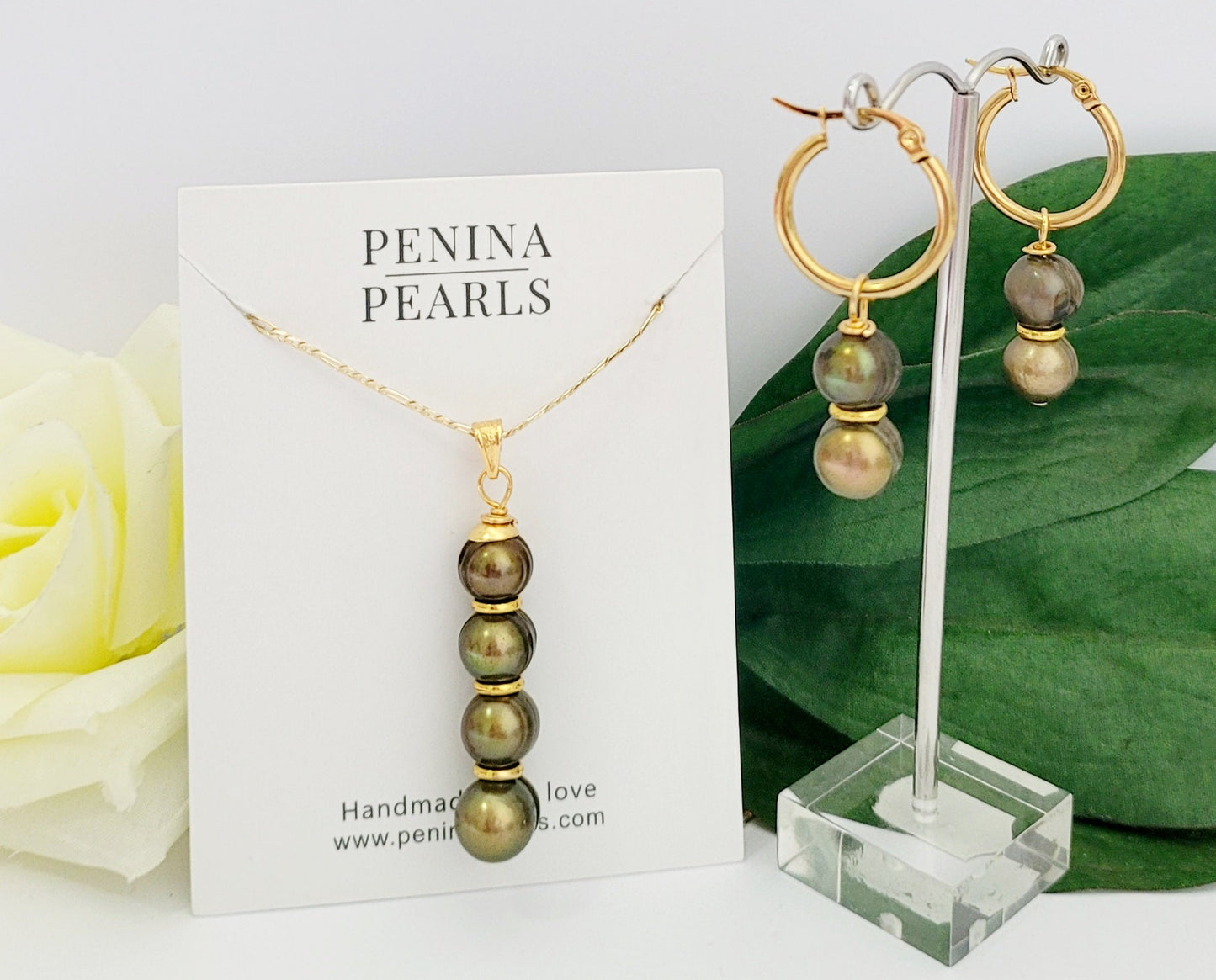 10-12mm Natural Premium Green Bronze Pearl's Set with 14k Solid Gold filled Chain