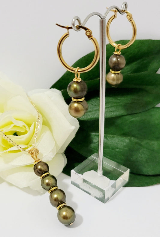 10-12mm Natural Premium Green Bronze Pearl's Set with 14k Solid Gold filled Chain