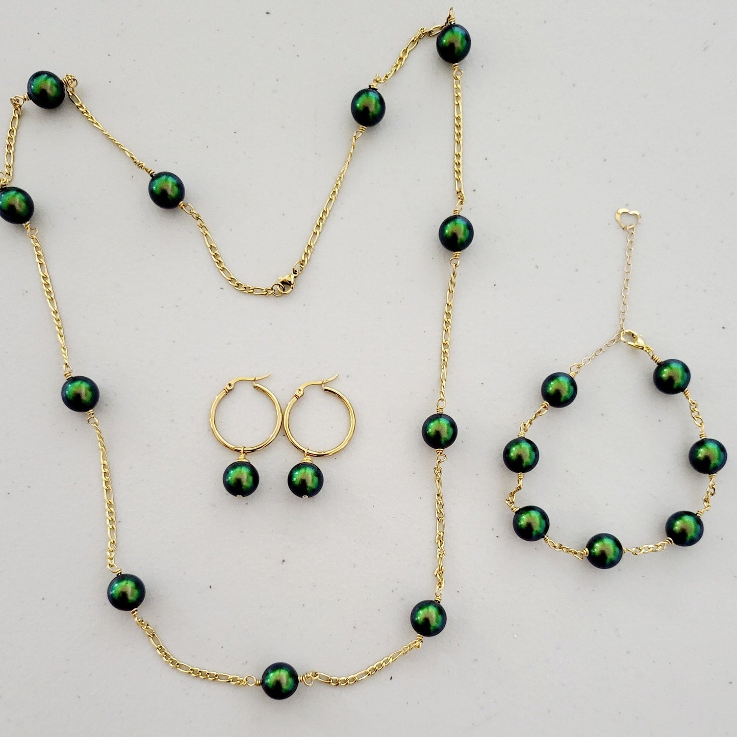 AIREENA - 12mm Dark Green Swarovski Pearl Full Set With 14K GF