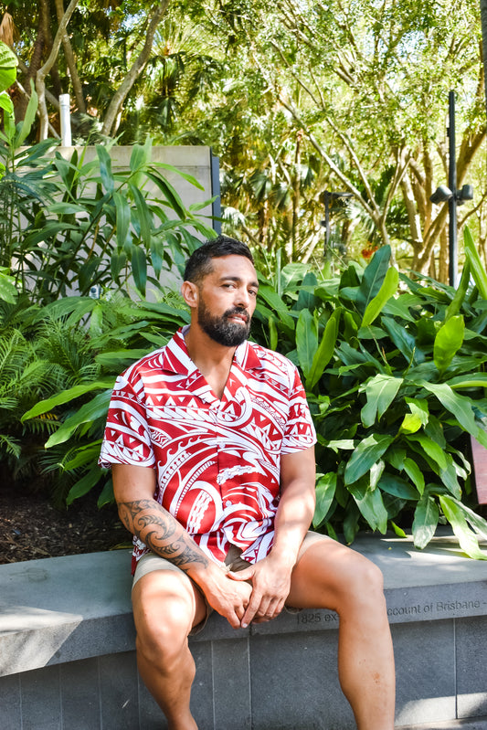 TANE SHIRT - COLLARED RED SHIRT - MAORI PATTERN