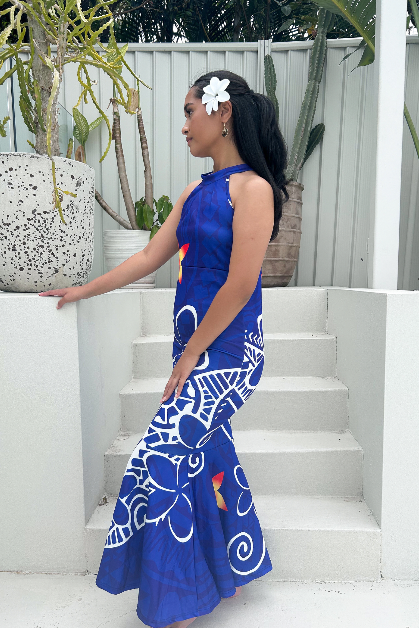 (PRE-ORDER) LUISA DRESS - HALTER MAXI LENGTH DRESS - BLUE & WHITE