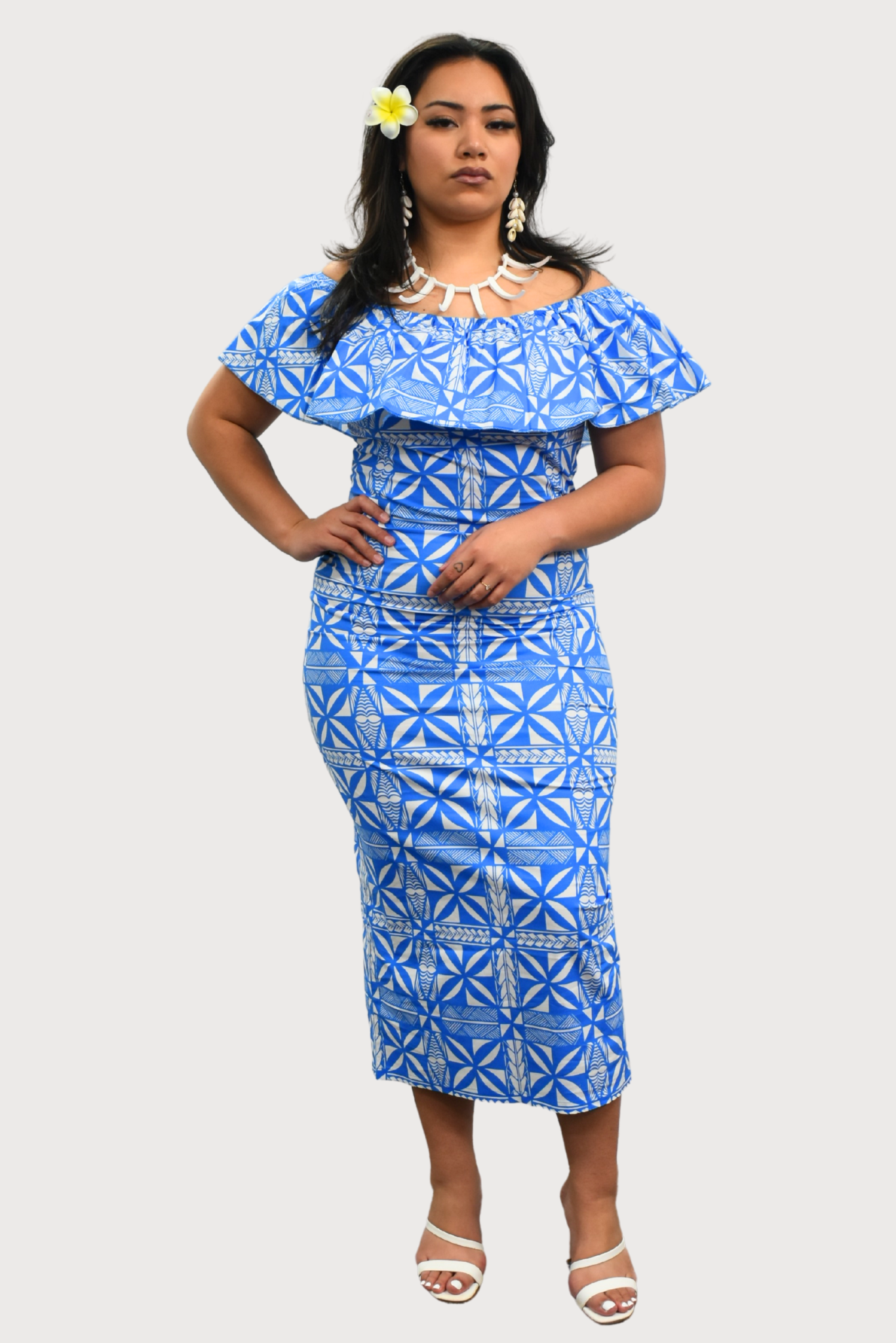 LANI - OFF SHOULDER FRILL MIDI DRESS - BLUE & WHITE