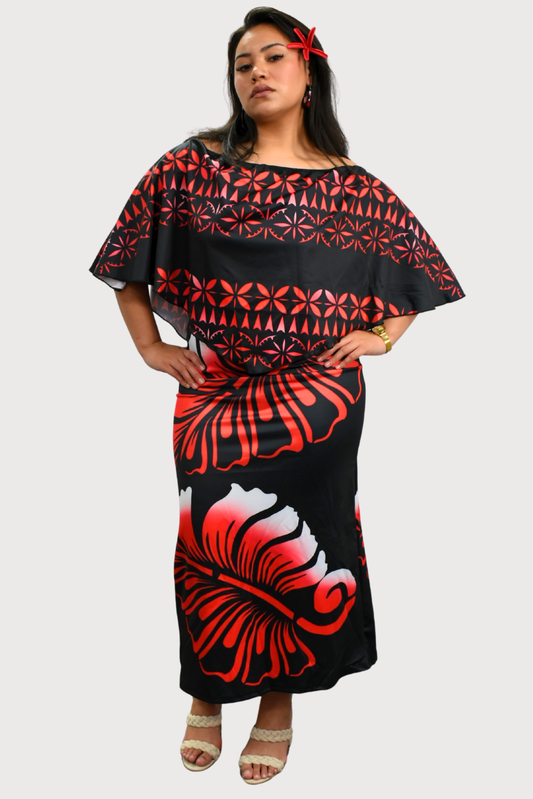 BLACK & RED FLORAL - CAPE MIDI DRESS