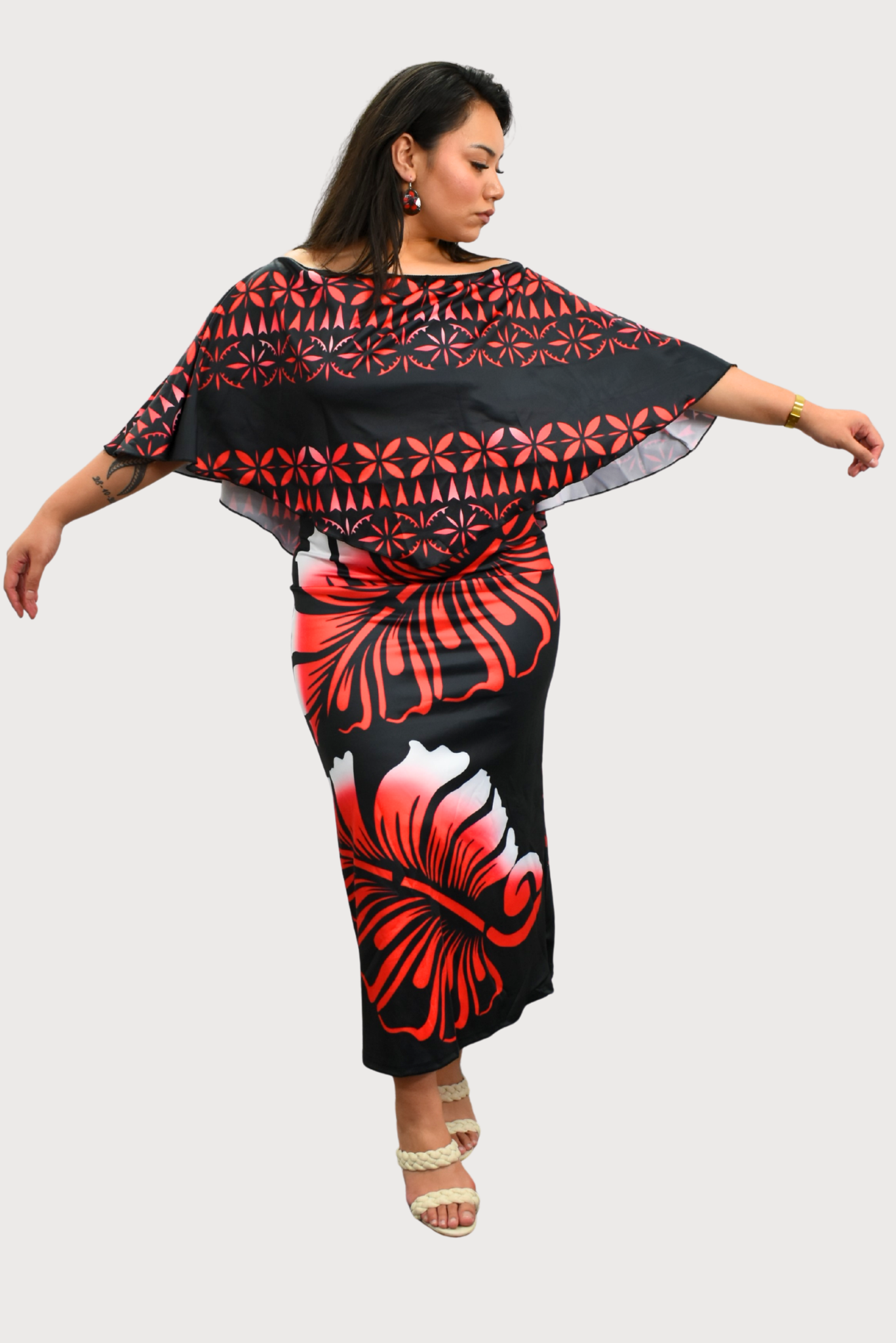 BLACK & RED FLORAL - CAPE MIDI DRESS