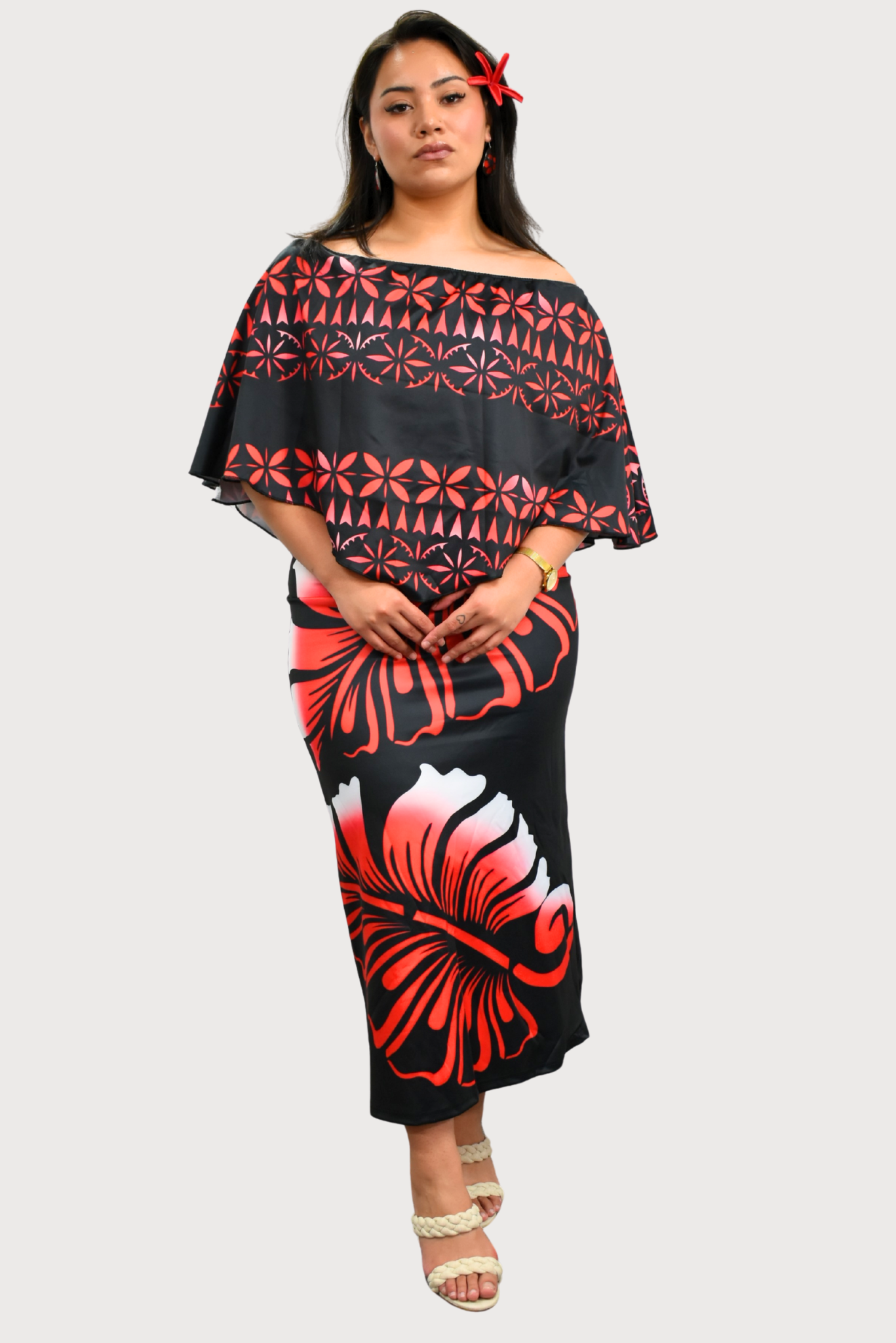 BLACK & RED FLORAL - CAPE MIDI DRESS