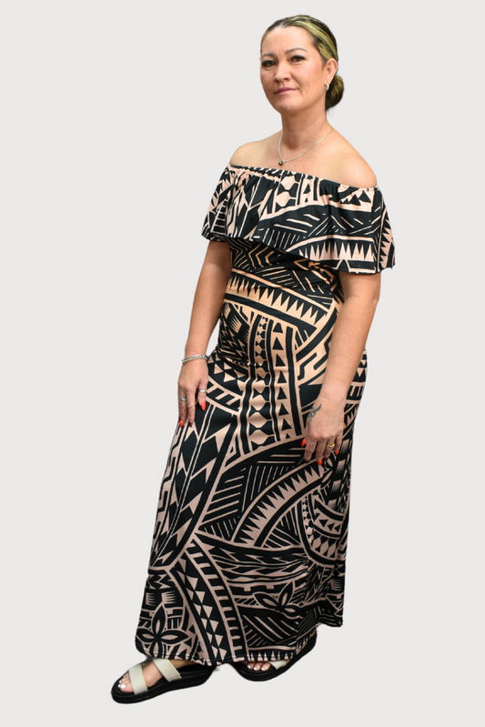 RIMA DRESS - OFF SHOULDER FRILL DESIGN - OMBRE GOLD AND BLACK