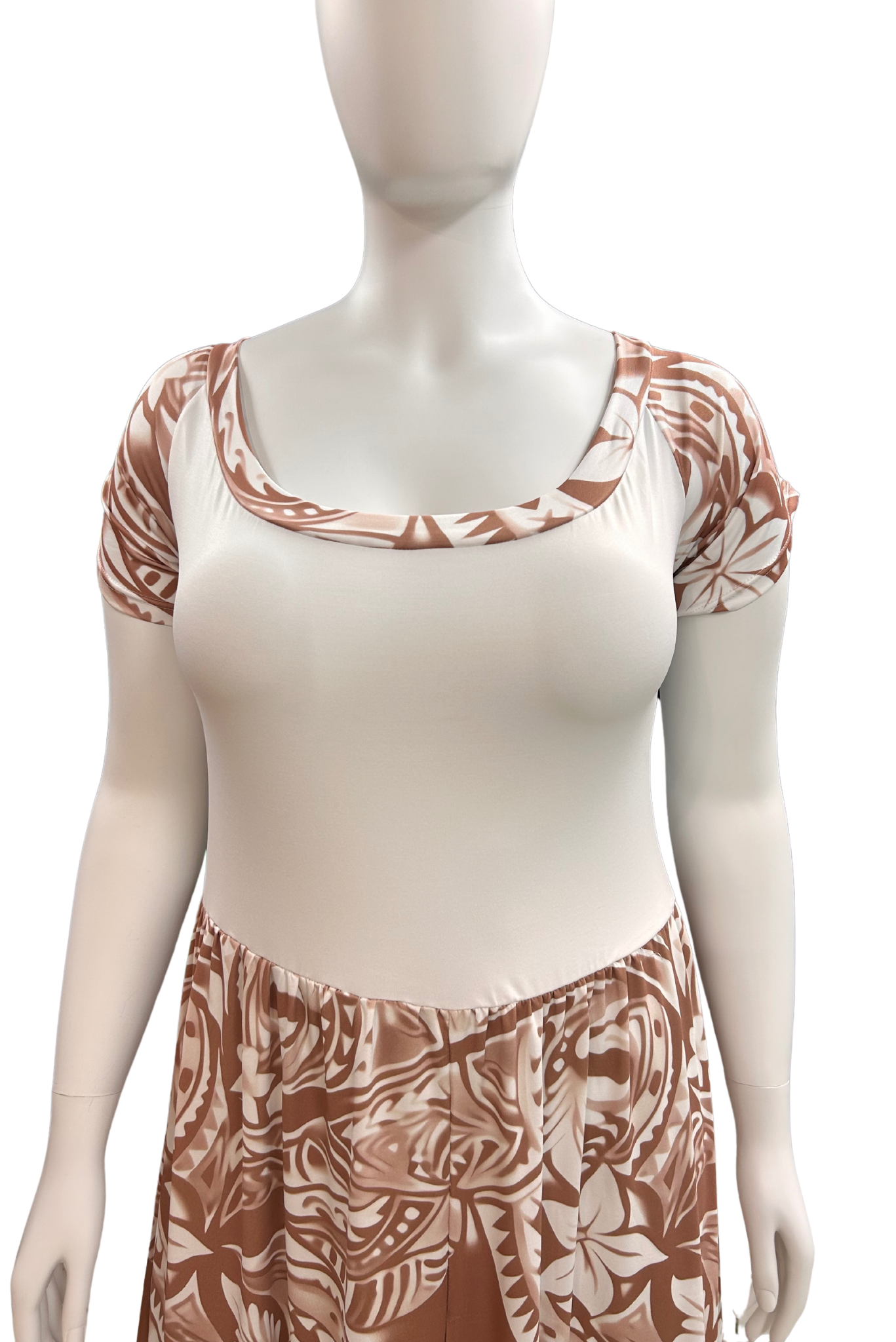 ROUND NECK MIDI FLARE DRESS - BROWN AND WHITE - MULTIPLE SIZES