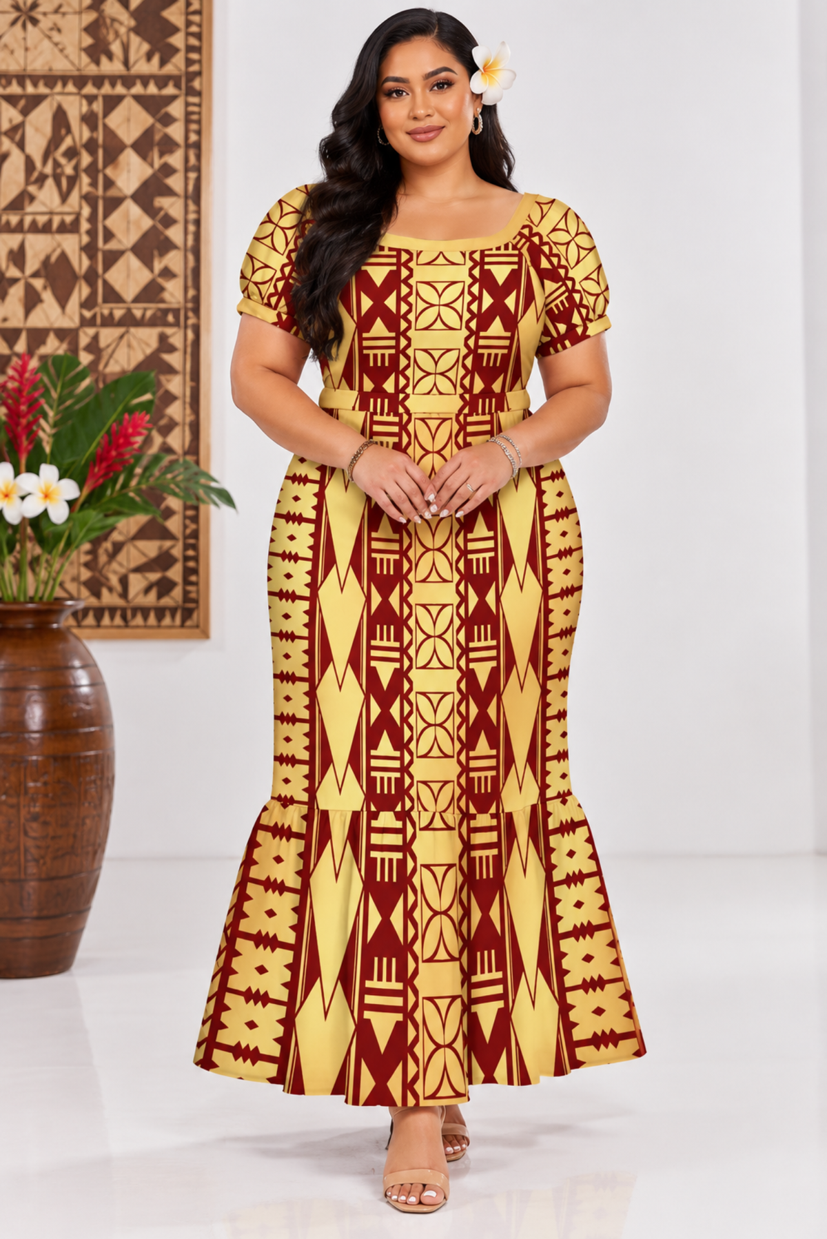 (PRE-ORDER) DRESS - HIGHWAIST FLOWY DRESS - GOLD & MAROON