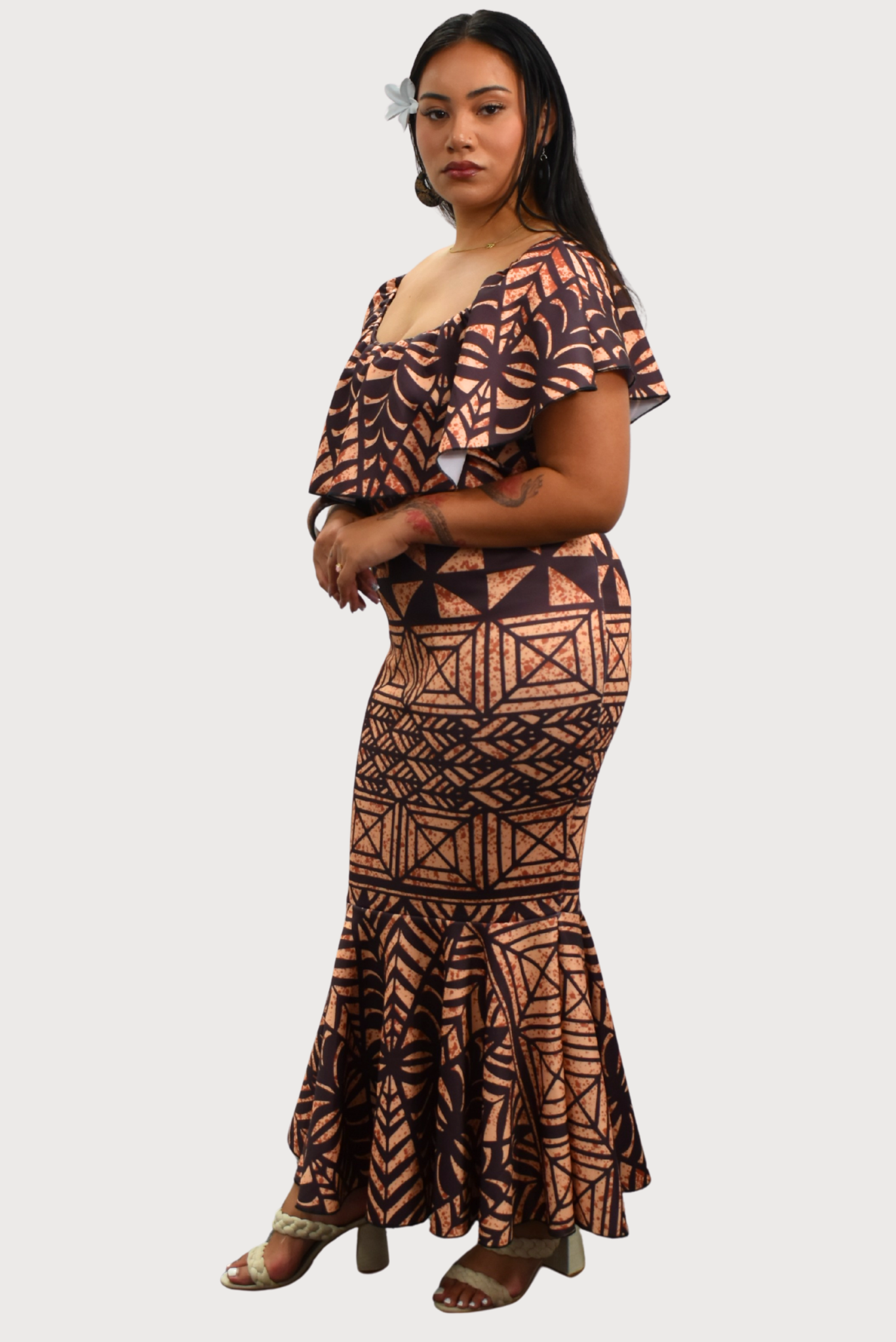 DRESS - OFF SHOULDER FRILL MAXI - BROWN