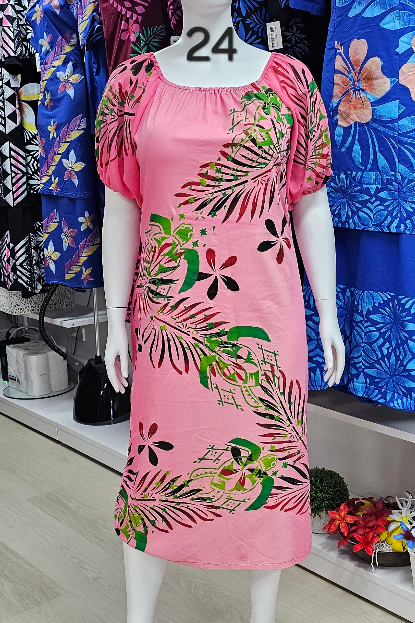 PINK FLORAL PUMPKIN SLEEVE ISLAND DRESS - SIZE 24