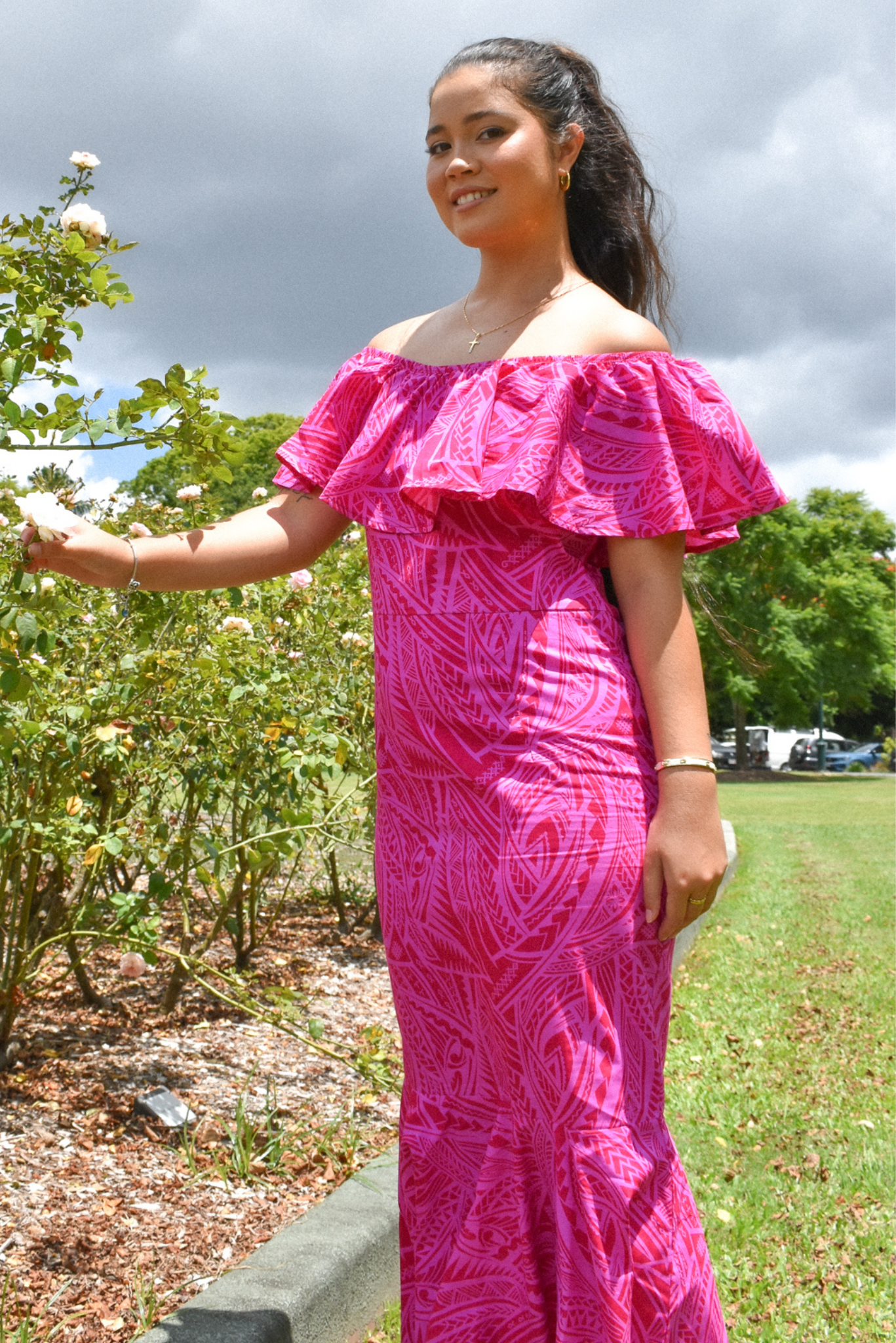 LEIA DRESS - OFF SHOULDER FRILL MAXI DRESS - HOT PINK