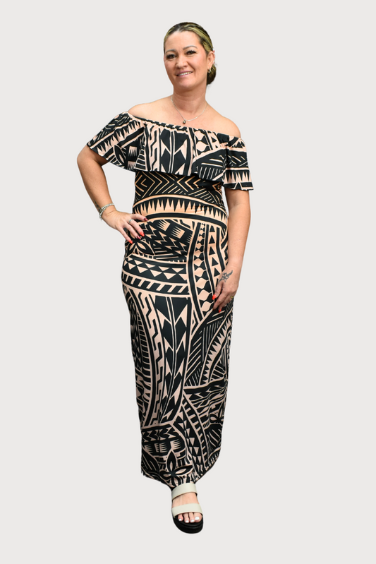 RIMA DRESS - OFF SHOULDER FRILL DESIGN - OMBRE GOLD AND BLACK