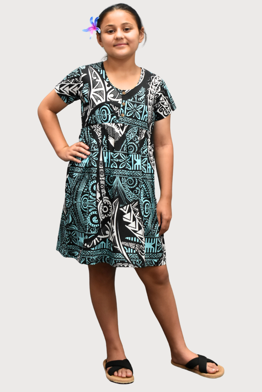 SARAH GIRLS DRESS - FLOWY DRESS - BLUE, WHITE & BLACK
