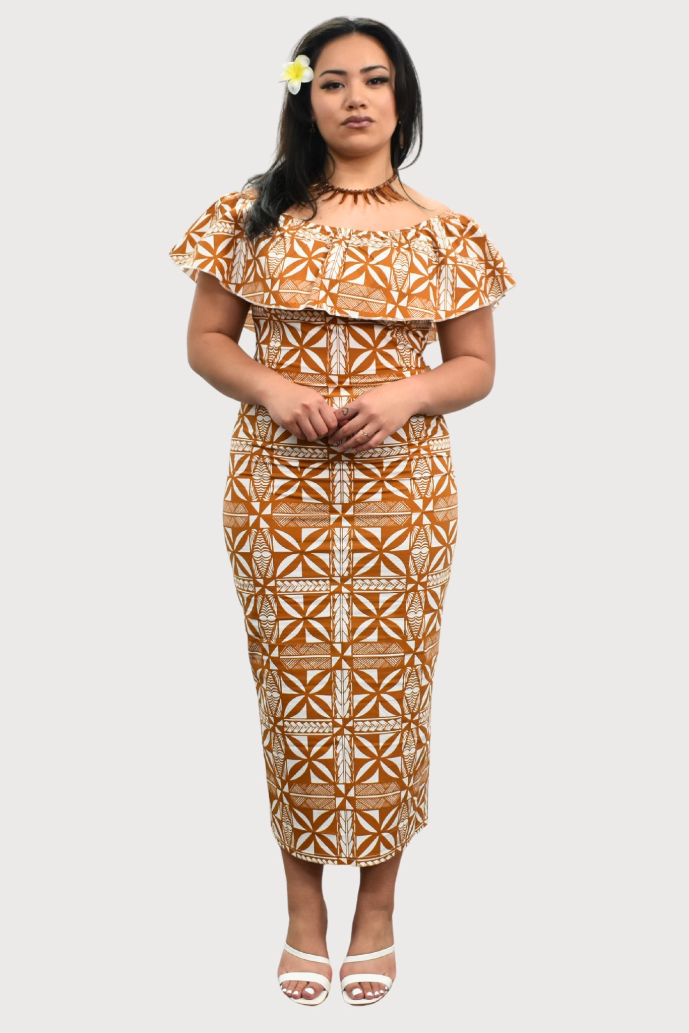 LANI - OFF SHOULDER FRILL MIDI DRESS - BEIGE & WHITE