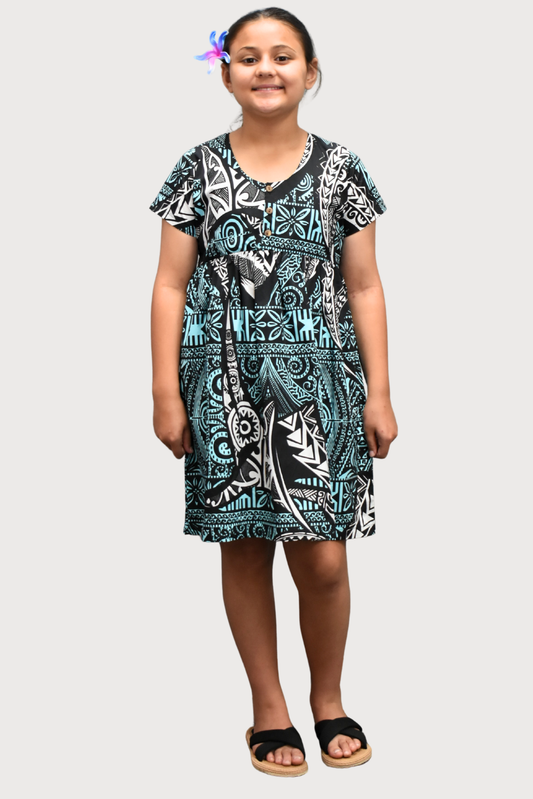 SARAH GIRLS DRESS - FLOWY DRESS - BLUE, WHITE & BLACK