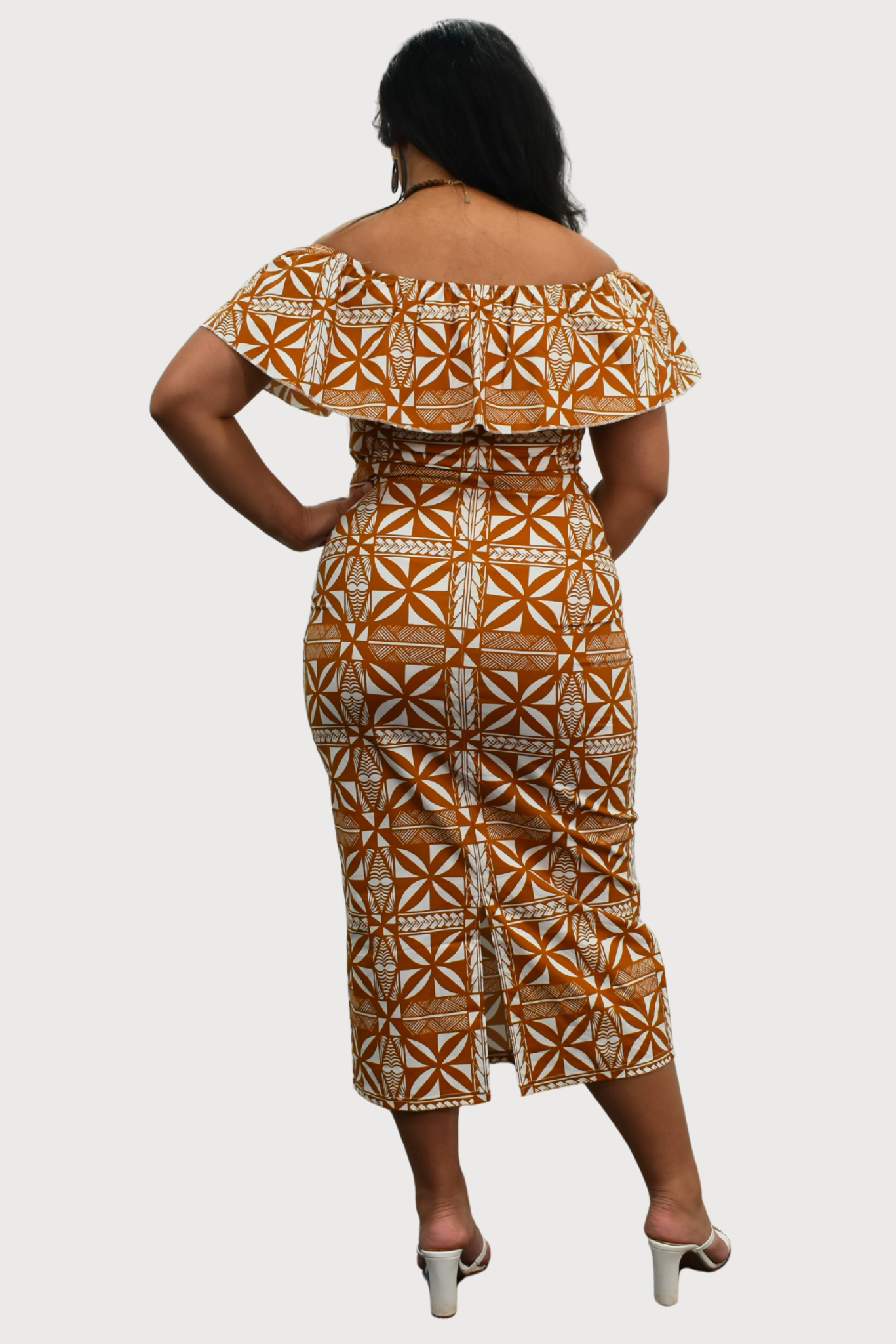 LANI - OFF SHOULDER FRILL MIDI DRESS - BEIGE & WHITE