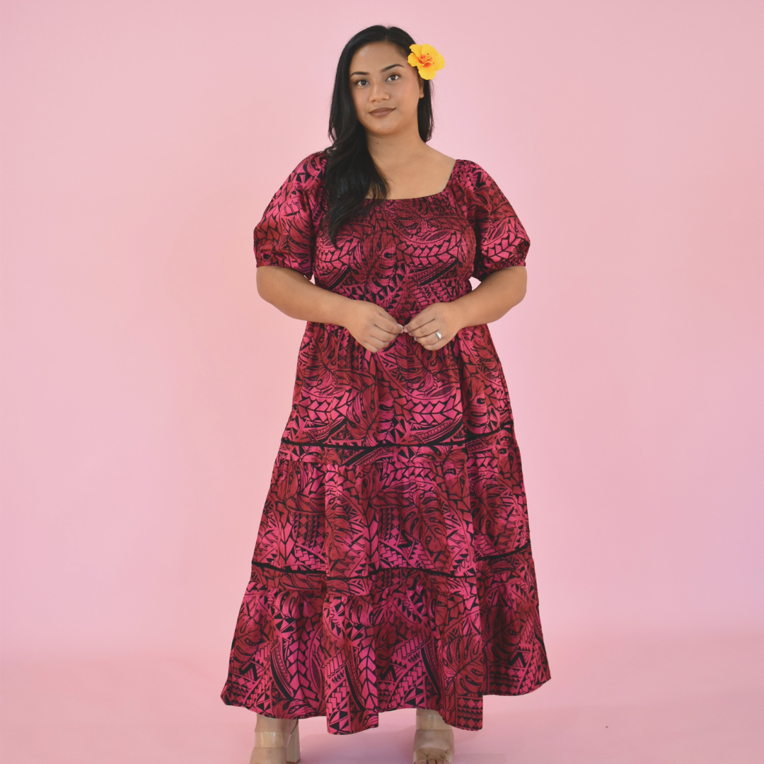 ANNA DRESS - V NECK MIDI LENGTH DRESS - PINK & BLACK
