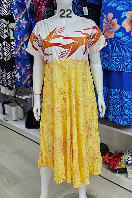 WHITE & YELLOW HIGHWAIST ISLAND DRESS - SIZE 22